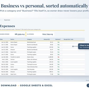 Expenses sheet where business or personal is filled in automatically from the category