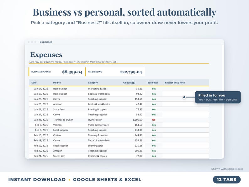 Expenses sheet where business or personal is filled in automatically from the category