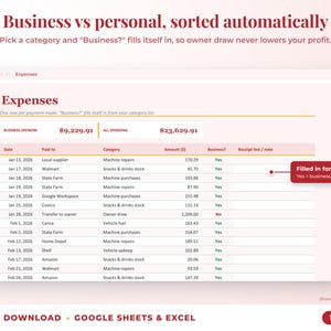 Expenses sheet where business or personal is filled in automatically from the category