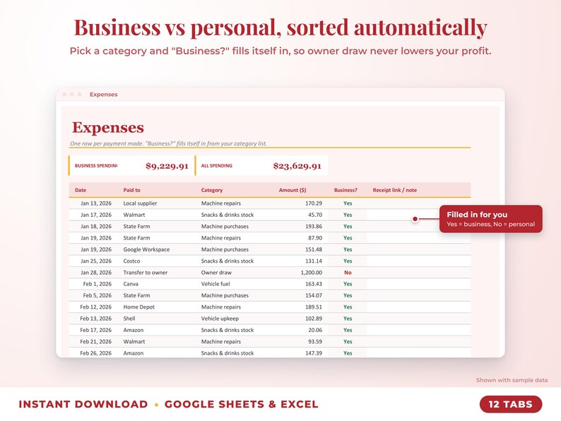Expenses sheet where business or personal is filled in automatically from the category