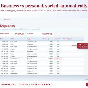 Expenses sheet where business or personal is filled in automatically from the category