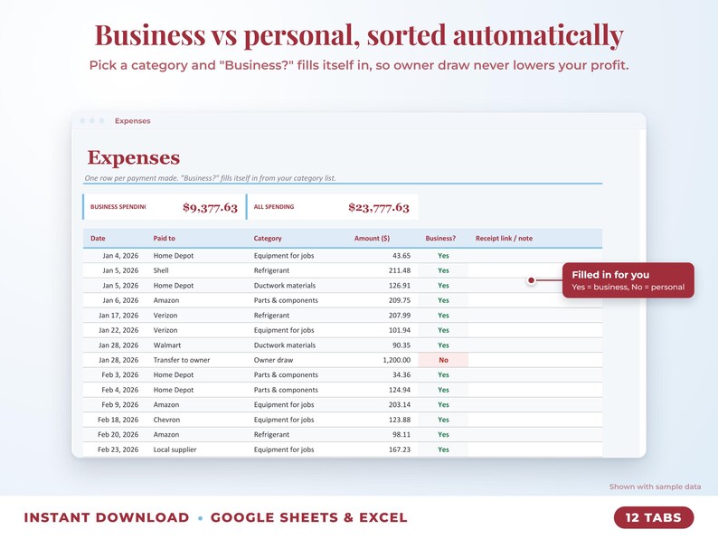 Expenses sheet where business or personal is filled in automatically from the category
