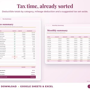 Tax summary with deductible totals, mileage deduction and suggested tax set-aside, plus monthly summary