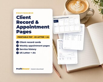 May include: A digital printable PDF titled ProfitDrawer Client Record & Appointment Pages, featuring client record cards, weekly appointment pages, and service history in US Letter and A4 sizes, displayed with a pen and notebook.