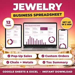Jewelry Business Spreadsheet, Permanent Jewelry Business Tracker, Handmade Jewelry Sales and Expenses, Tax Summary (Google Sheets + Excel)
