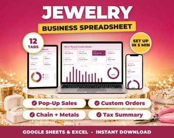 Jewelry Business Spreadsheet, Permanent Jewelry Business Tracker, Handmade Jewelry Sales and Expenses, Tax Summary (Google Sheets + Excel)