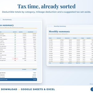 Tax summary with deductible totals, mileage deduction and suggested tax set-aside, plus monthly summary