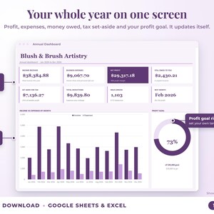 Annual dashboard with income, expenses, net profit, money owed, profit goal ring and category charts