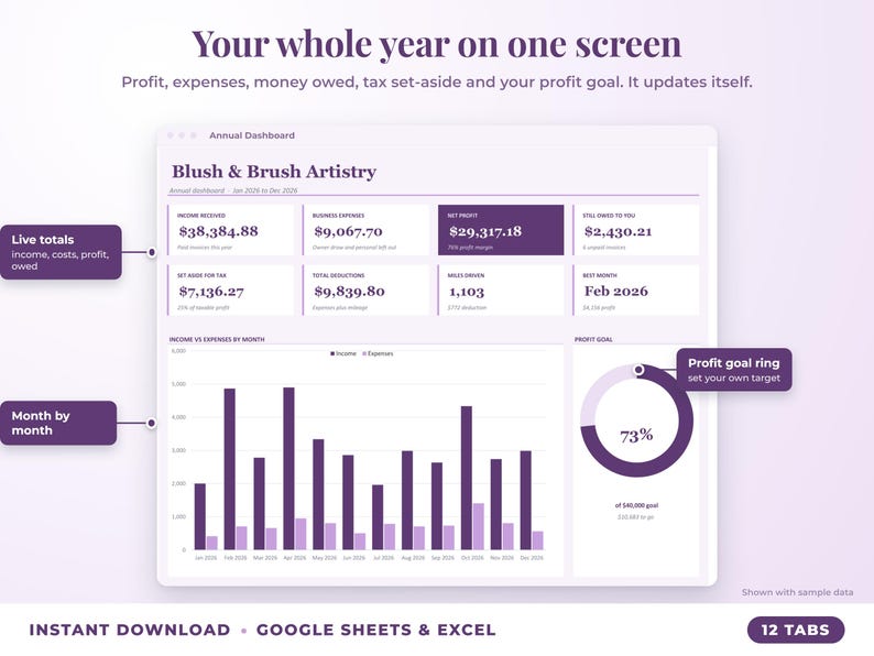 Annual dashboard with income, expenses, net profit, money owed, profit goal ring and category charts