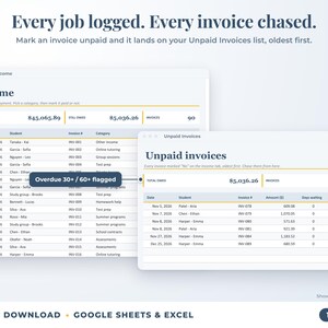 Income sheet and unpaid invoices list with overdue flags