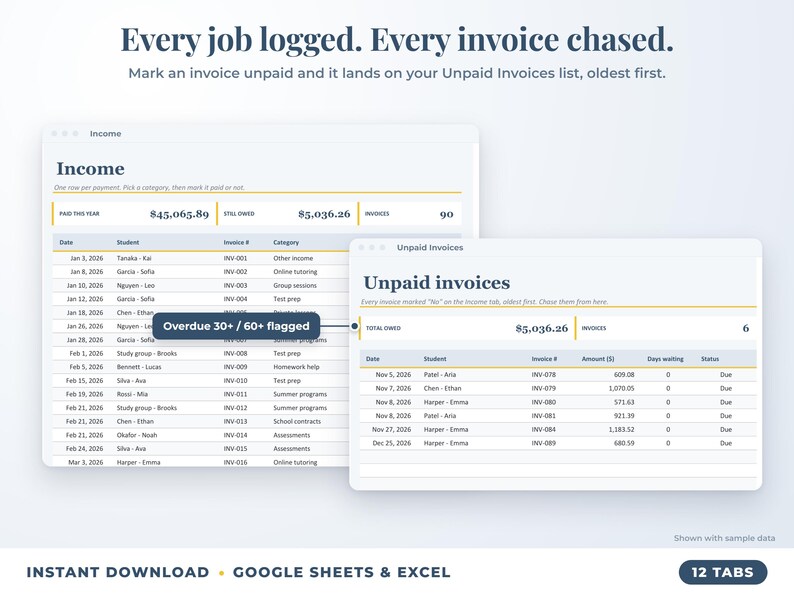 Income sheet and unpaid invoices list with overdue flags
