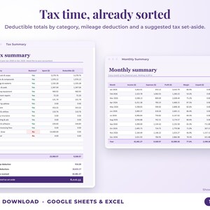 Tax summary with deductible totals, mileage deduction and suggested tax set-aside, plus monthly summary