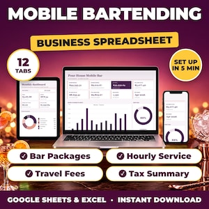 Mobile Bartending bookkeeping spreadsheet for Google Sheets and Excel on laptop, tablet and phone