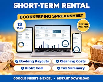 Kalkylblad för bokföring av korttidsuthyrning, inkomst- och kostnadsspårning för semesteruthyrning, värdens vinst, skattesammanfattning (Google Sheets + Excel)