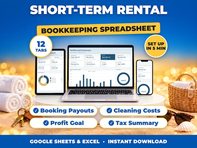 Short-Term Rental bookkeeping spreadsheet for Google Sheets and Excel on laptop, tablet and phone