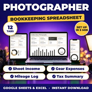 Photographer bookkeeping spreadsheet for Google Sheets and Excel on laptop, tablet and phone