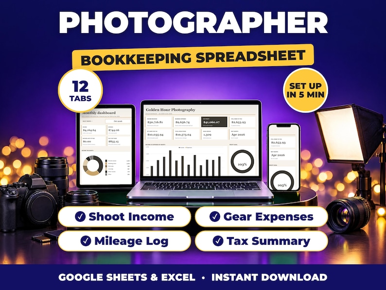 Photographer bookkeeping spreadsheet for Google Sheets and Excel on laptop, tablet and phone