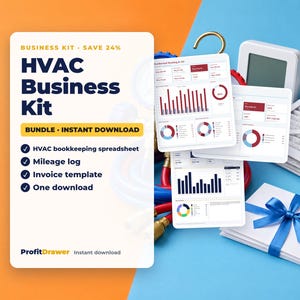 May include: An HVAC Business Kit digital download bundle featuring a spreadsheet, mileage log, and invoice template. The graphic displays the text HVAC Business Kit, ProfitDrawer, and includes images of financial charts, a thermostat, and a filter.
