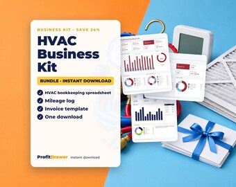 HVAC-Business-Kit | Buchhaltungs-Tabelle, Kilometerprotokoll, Rechnungsvorlage für Heizung und Kühlung (Google Sheets + Excel)