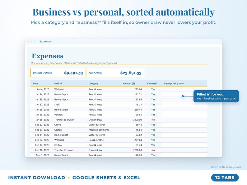Expenses sheet where business or personal is filled in automatically from the category