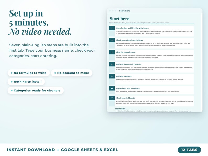Start here tab with seven setup steps, no video needed