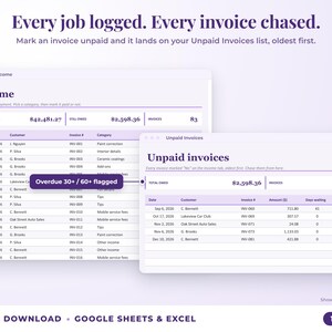 Income sheet and unpaid invoices list with overdue flags