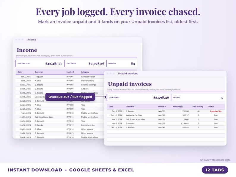 Income sheet and unpaid invoices list with overdue flags