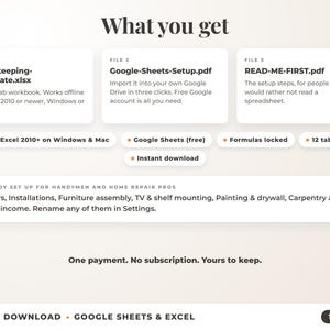 What is included: 12-tab Excel workbook, Google Sheets setup guide and read-me-first guide