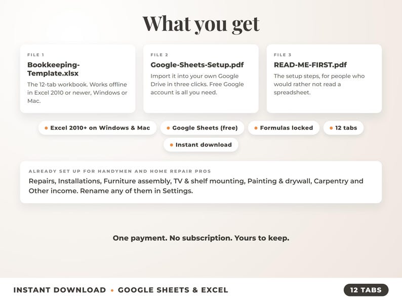 What is included: 12-tab Excel workbook, Google Sheets setup guide and read-me-first guide