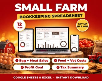 Buchhaltungstabelle für kleine landwirtschaftliche Betriebe, Einnahmen- und Ausgabenverfolgung für den Eigenheimbetrieb, Eier- und Viehverkäufe, Steuerübersicht (Google Sheets + Excel)