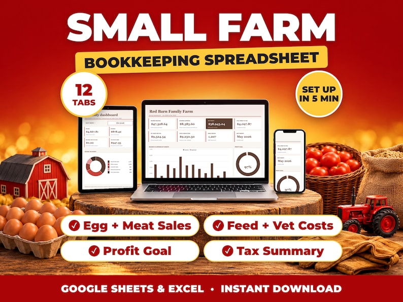 Small Farm bookkeeping spreadsheet for Google Sheets and Excel on laptop, tablet and phone