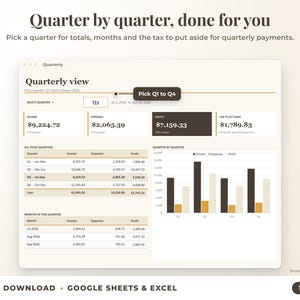 Quarterly view with quarter selector, quarterly totals, chart and tax set-aside
