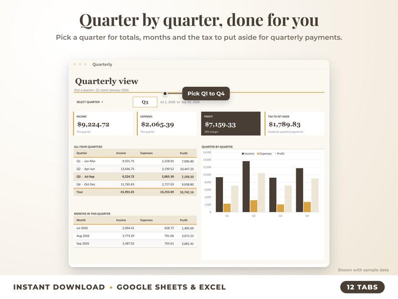 Quarterly view with quarter selector, quarterly totals, chart and tax set-aside