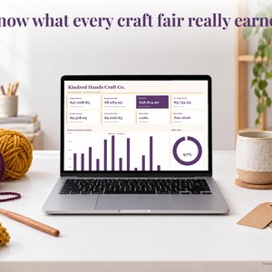 Craft Business bookkeeping spreadsheet annual dashboard open on a laptop on a desk