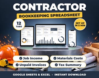 Contractor Bookkeeping Spreadsheet | Job Cost Tracker, Construction Income & Expense Log (Google Sheets, Excel)