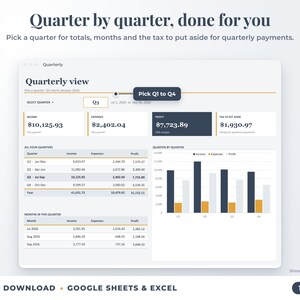 Quarterly view with quarter selector, quarterly totals, chart and tax set-aside
