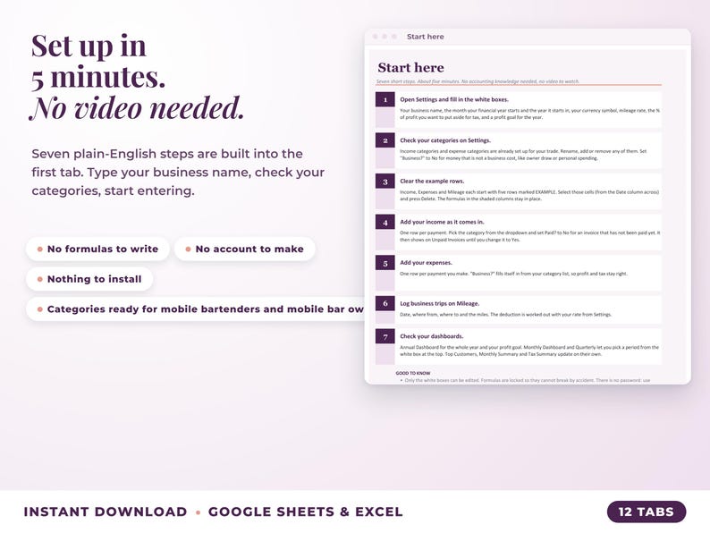 Start here tab with seven setup steps, no video needed