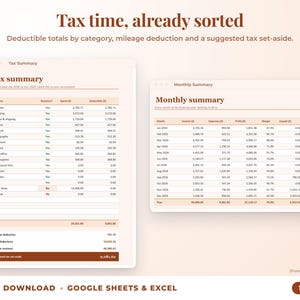 Tax summary with deductible totals, mileage deduction and suggested tax set-aside, plus monthly summary