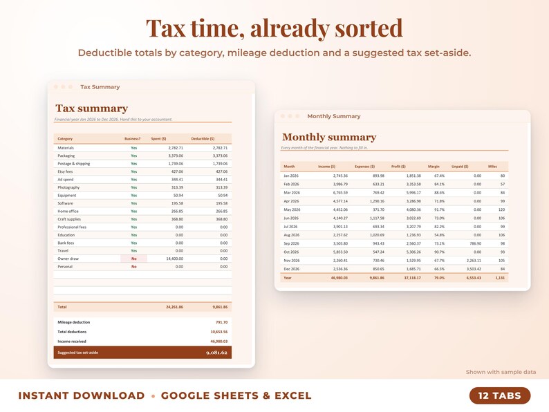 Tax summary with deductible totals, mileage deduction and suggested tax set-aside, plus monthly summary