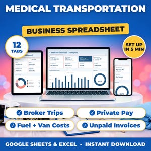 Medical Transportation bookkeeping spreadsheet for Google Sheets and Excel on laptop, tablet and phone