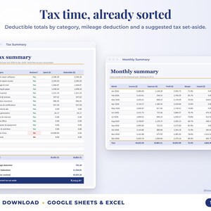 Tax summary with deductible totals, mileage deduction and suggested tax set-aside, plus monthly summary