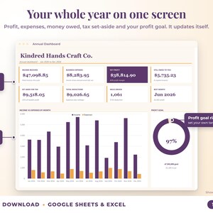 Annual dashboard with income, expenses, net profit, money owed, profit goal ring and category charts