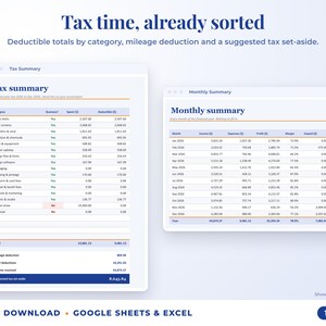 Tax summary with deductible totals, mileage deduction and suggested tax set-aside, plus monthly summary