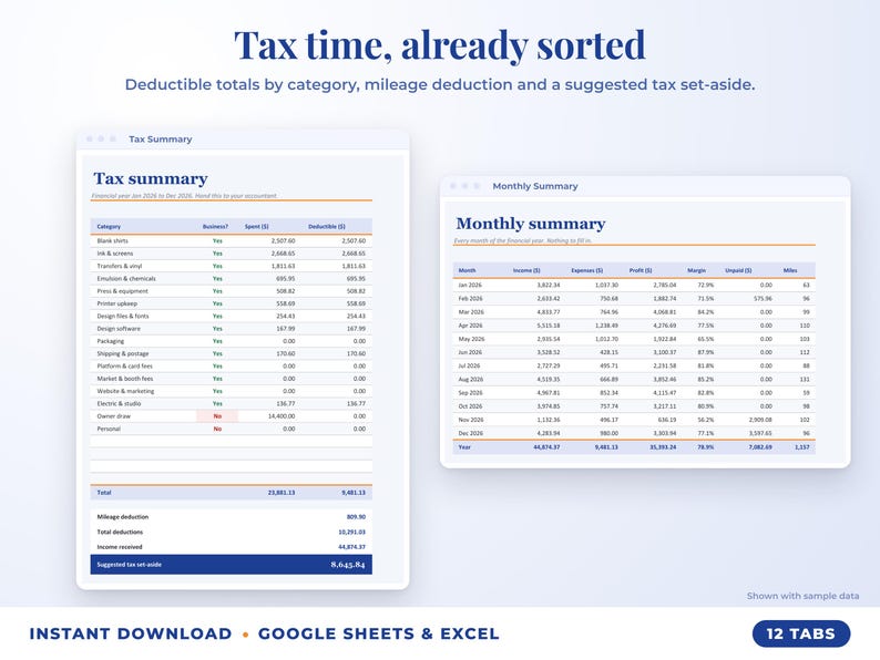 Tax summary with deductible totals, mileage deduction and suggested tax set-aside, plus monthly summary