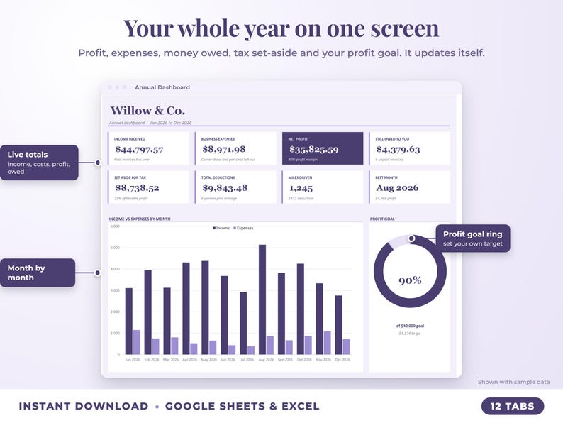 Annual dashboard with income, expenses, net profit, money owed, profit goal ring and category charts