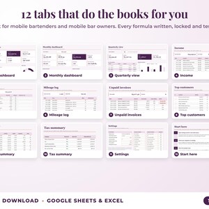 All 12 tabs of the bookkeeping spreadsheet: dashboards, income, expenses, mileage, unpaid invoices, top clients, tax summary