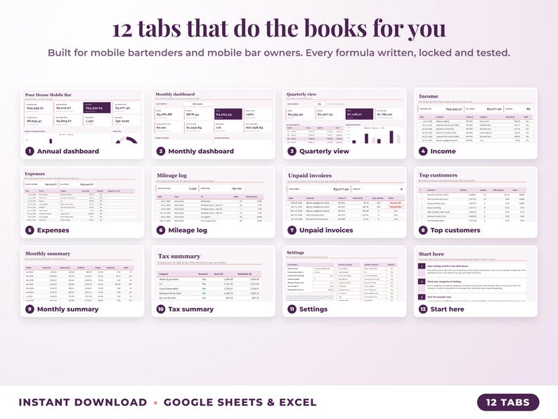 All 12 tabs of the bookkeeping spreadsheet: dashboards, income, expenses, mileage, unpaid invoices, top clients, tax summary