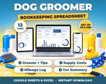 Kalkylblad för bokföring av hundfrisörer, inkomst- och kostnadsspårning för hundfrisörer, tips, skattesammanfattning (Google Sheets + Excel)
