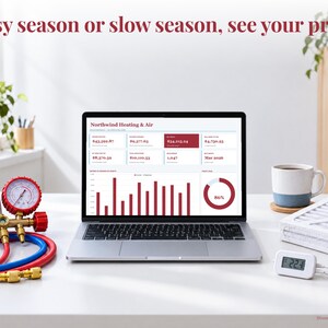 HVAC bookkeeping spreadsheet annual dashboard open on a laptop on a desk
