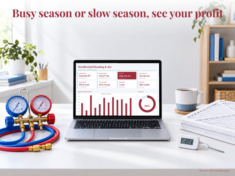 HVAC bookkeeping spreadsheet annual dashboard open on a laptop on a desk